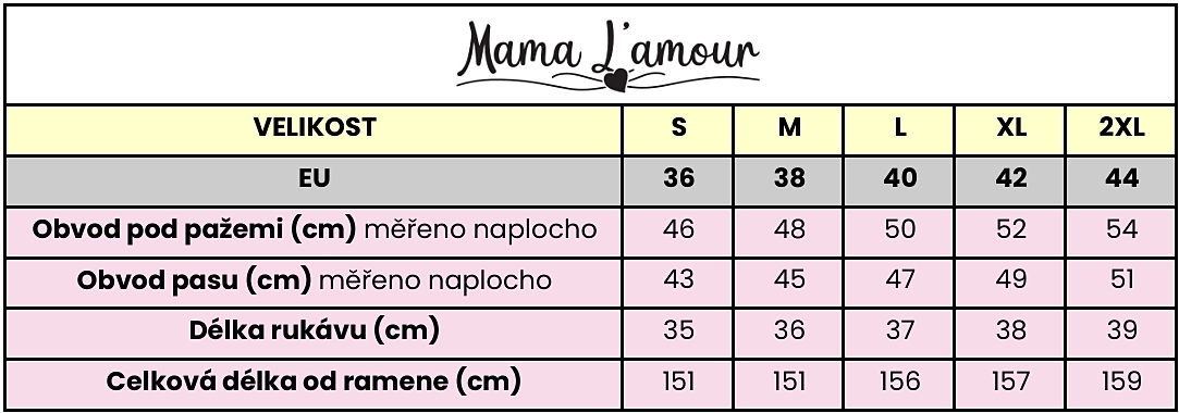 Svatební těhotenské šaty Melora tabulka velikostí